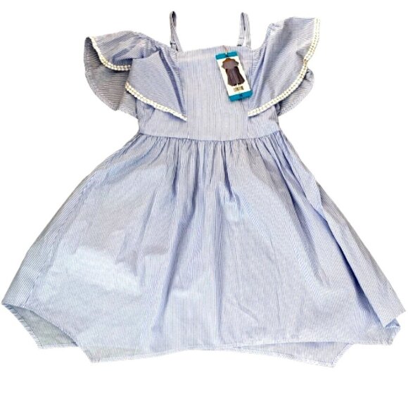 NWT - BCBGirls Pinstripe Blue White Cold Shoulder Dress Sz 16 #92F - Picture 2 of 10